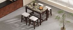 TREXM 5-Piece Modern Faux Marble Versatile Bar Table Set with Storage Drawers and Padded Stools
