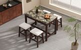 TREXM 5-Piece Modern Faux Marble Versatile Bar Table Set with Storage Drawers and Padded Stools
